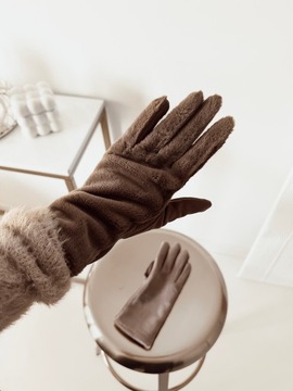 Rękawiczki damskie zimowe do ekranu dotykowego ciepłe futerko kolor camel