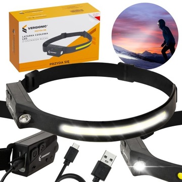 Светодиодный налобный фонарь с датчиком движения COB, водонепроницаемый налобный фонарь с кабелем.