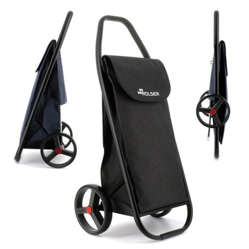 Современная покупательская тележка Rolser COM с большими черными колесами.