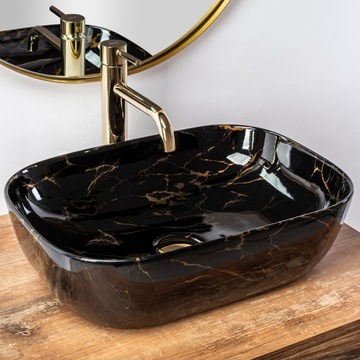 Накладная раковина Belinda Black Marble Rea + золотой смеситель + пробка