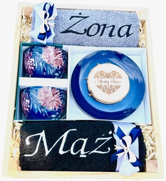 EKSKLUZYWNY Prezent Ślubny Ręczniki Filiżanki