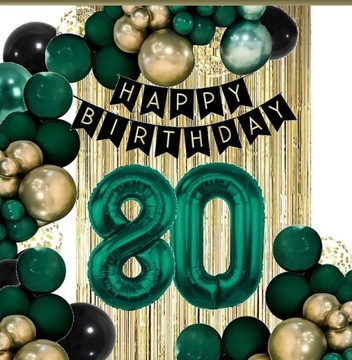 BALONY kurtyna dekoracje na urodziny cyfra 80 lat zielone złote czarne