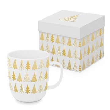 Kubek porcelanowy w pudełku 400 ml złote choinki