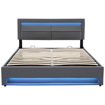 Кровать с мягкой обивкой 140 x 190 см и USB-накопителем LED ПУ, серая