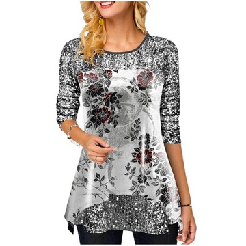 ELEGANCKA BLUZKA DAMSKA Z DŁUGIM RĘKAWEM NADRUK, wzór4, M, M