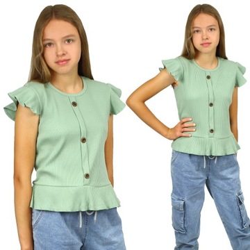 BLUZKA Top PRĄŻKOWANY Falbanki ZIELONA Bawełna 140