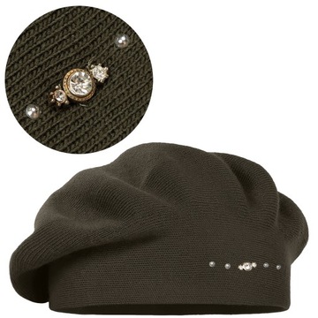 KLASYCZNY BERET DAMSKI POLSKA MARKA JESIENNY ZIMOWY OZDOBNY ZIELONY