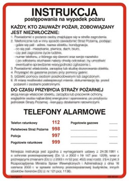 INSTRUKCJA POSTĘPOWANIA NA WYPADEK POŻARU 25x35 CM PCV