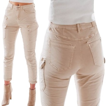 Beżowe jeansowe bojówki damskie spodnie z kieszeniami L