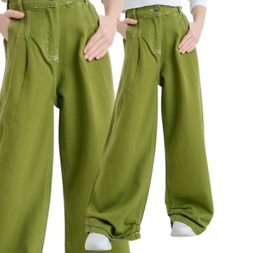 Szerokie luźne jeansy spodnie jeansowe modne mięciutkie zielone szwedy 146