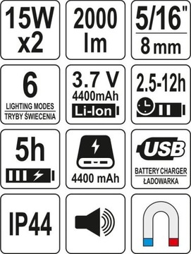 ГРОМКОГОВОРИТЕЛЬ ФАР YATO POWERBANK 2000 лм BLUETOOTH