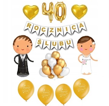 40 Rocznica Ślubu Balony Dekoracje Zestaw Złoty