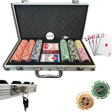 ZESTAW DO GRY W POKERA 300 SZT ŻETONÓW PREMIUM 2x TALIA POKER WALIZKA KOŚCI