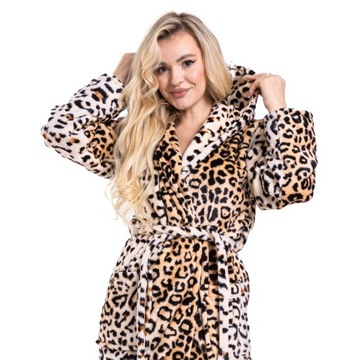 Puchaty szlafrok damski z kapturem L/XL panterka
