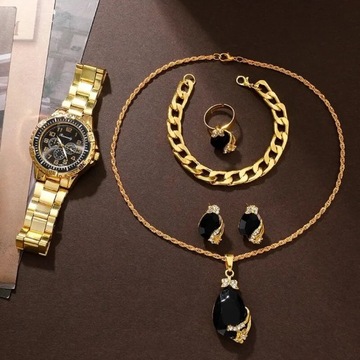Złoty luksus zegarek damski pierścionek naszyjnik kolczyk z kryształkami m