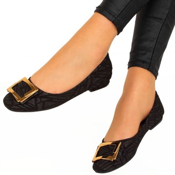 8299 CZARNE BALERINKI MATERIAŁOWE ZŁOTA OZDOBA 39