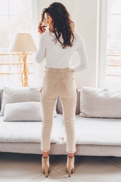 Beżowe jeansowe bojówki damskie spodnie z kieszeniami XL