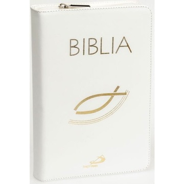 Biblia z suwakiem ze skóry biała Pismo Święte w oprawie PREZENT KOMUNIA