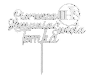 TOPPER KOMUNIJNY I Komunia Święta IHS Imię Srebrny