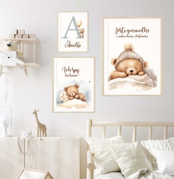 Zestaw 3 plakaty 50x70cm misie z balonami, metryczka, imię Różne wzory