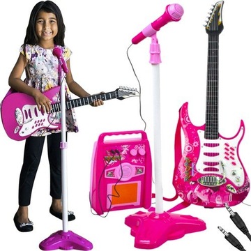 GITARA + WZMACNIACZ + MIKROFON STATYW ZESTAW RÓŻOWY DLA DZIEWCZYNKI