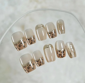Paznokcie Sztuczne Tipsy Nude Perłowe Pearl Animal French Panterka Gold