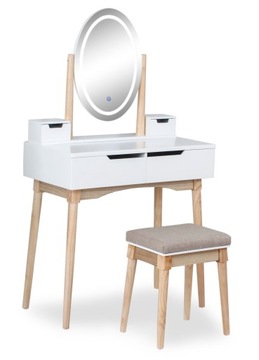 ТЮРЁМНЫЙ СТОЛИК с ЗЕРКАЛОМ и ТАБУРАТОМ, деревянный, СВЕТОДИОДНАЯ ПОДСВЕТКА, белый КОСМЕТИК