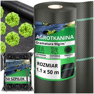 Agrotkanina antychwastowa agrowłóknina 90g czarna 1,1x50m UV 3% + KOŁKI