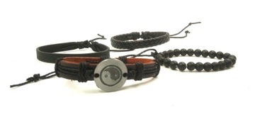 4 Bransoletki Męskie Bransoletka Yin Yang regulowane czarne Tao Azja skóra