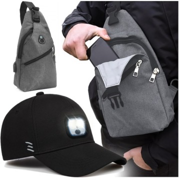 MAŁY PLECAK NA JEDNO RAMIĘ Z WEJŚCIEM USB + CZAPKA Z DASZKIEM Z LAMPKĄ LED
