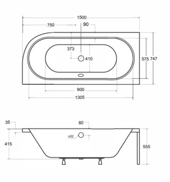 BESCO AVITA Акриловая угловая ванна 150х75 ЛЕВАЯ с автоматическим сифонным корпусом