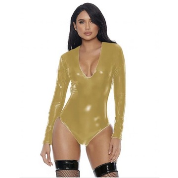 Plus Size Deep V-neck High Cut Bodysuit Long Sleev