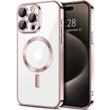 Eleganckie etui do Apple Iphone 15 Pro Max, różowe plecki, cover MagSafe