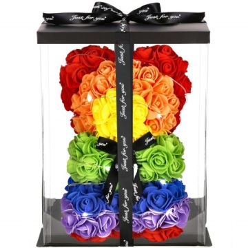 МЕДВЕДЬ С РОЗАМИ 30 СМ РОЗА МИШКА С ЛЕТЕСТЯМИ РОЗ БАНТ ПОДАРОЧНАЯ КОРОБКА+20LED