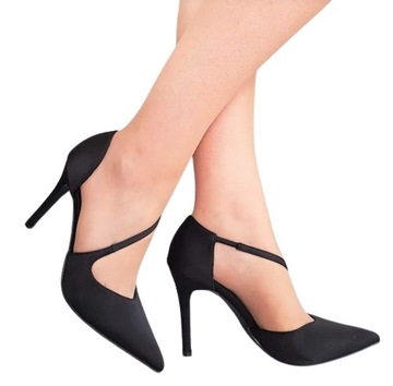 CZARNE ELEGANCKIE SATYNOWE BUTY CZÓŁENKA Z PASECZKIEM NA SZPILCE 36