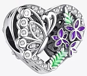 MD charms serce motyl fioletowe kwiaty liście S925