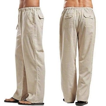 Lniane spodnie męskie proste oddychający materiał stylowe w kolorze khaki
