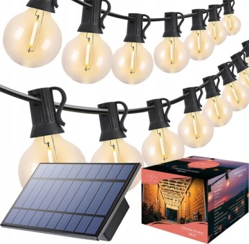 GIRLANDA OGRODOWA SOLARNA ŚWIETLNA XXL 25 ŻARÓWEK BIAŁE CIEPŁE +2 ZAPASOWE