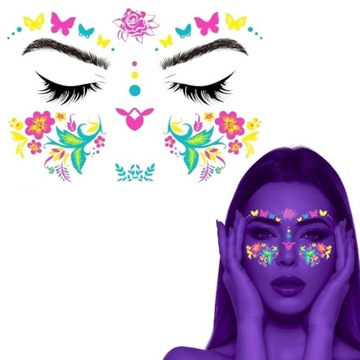 NAKLEJKI NA TWARZ FESTIWAL TATUAŻ FLUORESCENCYJNY ZMYWALNY TYMCZASOWY NEON