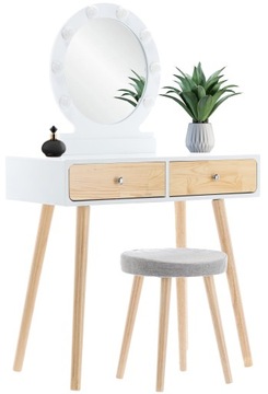 TOALETKA KOSMETYCZNA BIAŁA/DREWNIANA LUSTRO LED 80x40x125 CM + TABORET