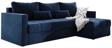 Granatowy narożnik z funkcją spania i pojemnikiem pikowany welur sofa