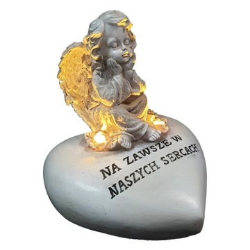 Aniołek LED figurka na grób z napisem NA ZAWSZE W NASZYCH SERCACH 12 cm