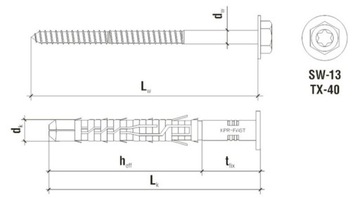Дюбеля рамные 12х200 КЛЮЧ + TX torx 25 шт.