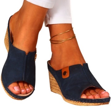 KLAPKI DAMSKIE PROFILOWANE NA KOTURNIE SKÓRA SZYTE