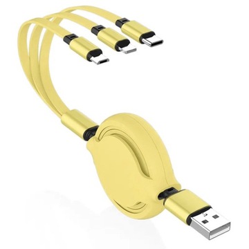 KABEL ŻÓŁTY 3W1 ZWIJANY USB-C LIGHTNING MICRO USB TYP C ŁADOWARKA PŁASKI 1M