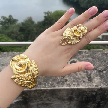 Luxury Dubai Gold Plated Bracelet Ring Copper Cuff Flower Bangle Italy Fran
