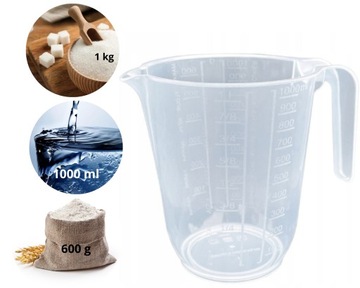 Kubek z miarką wody 1L mąki 600g cukru 1kg
