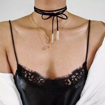 CZARNY RZEMYK NASZYJNIK CHOKER SEXY ZŁOTE RURKI BOHO WIĄZANY