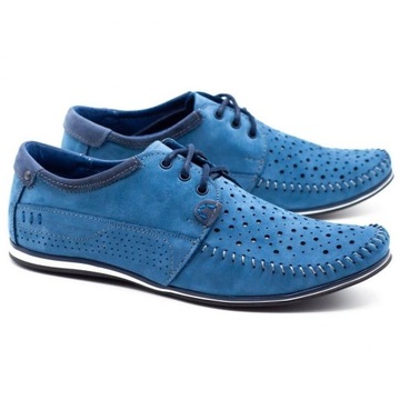 Buty męskie skórzane mokasyny sznurowane na lato ażurowe 875L niebieskie 43