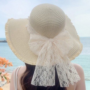 Women Straw Hat Lace Bow Faux Pearl Decor Beach Sun Hat Wide